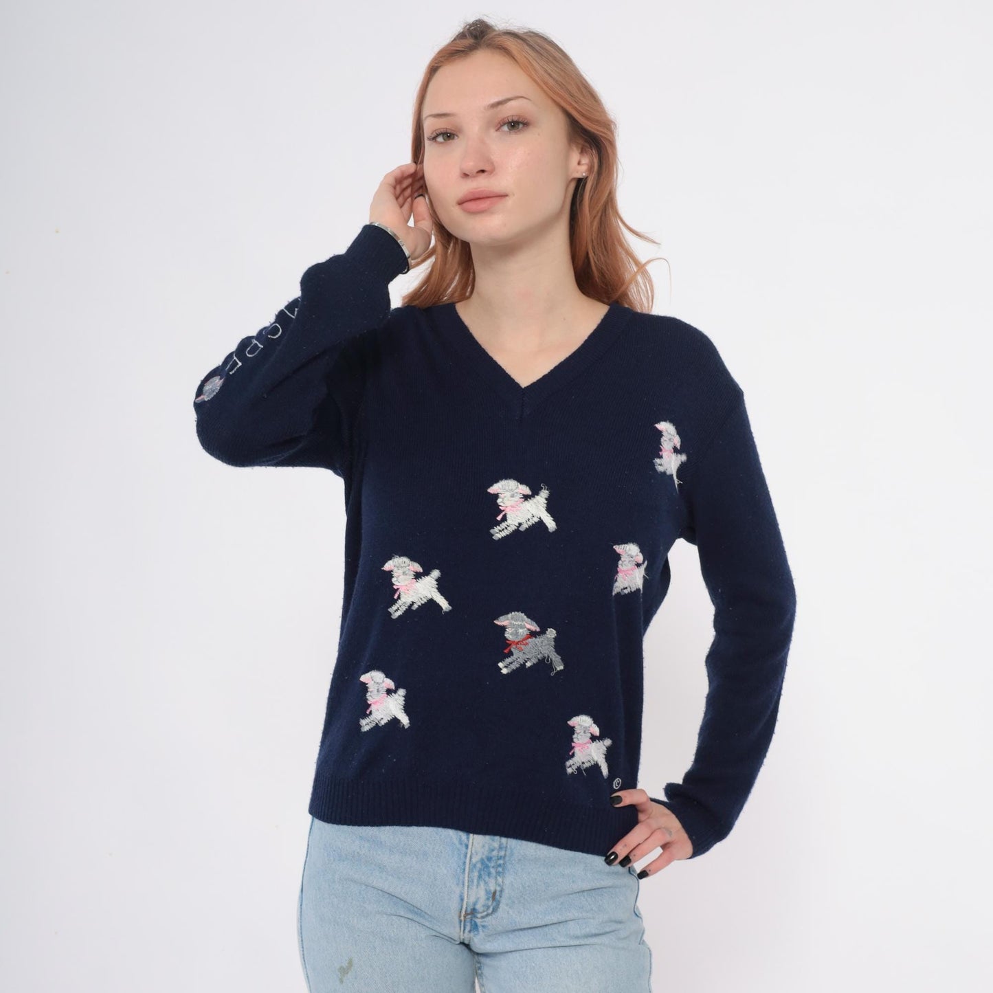 70s Shirlee Designs Navy Lamb Sweater Embroidered Pink Bows Large L