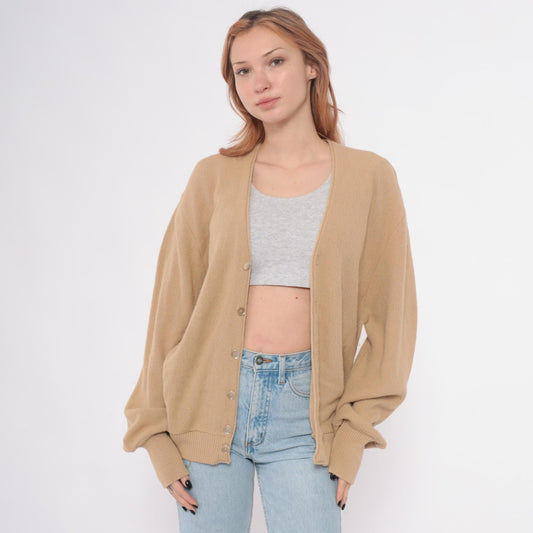 80s Robert Bruce Camel Cardigan V-Neck Button Front Tan Ribbed Large L