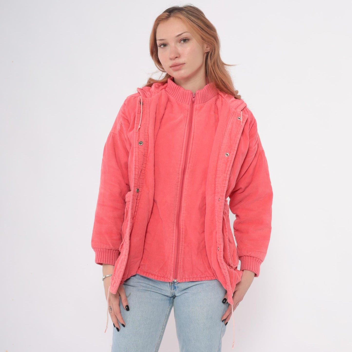 80s Coral Corduroy Hooded Puffer Jacket Zip Front Ribbed Cuffs Small S