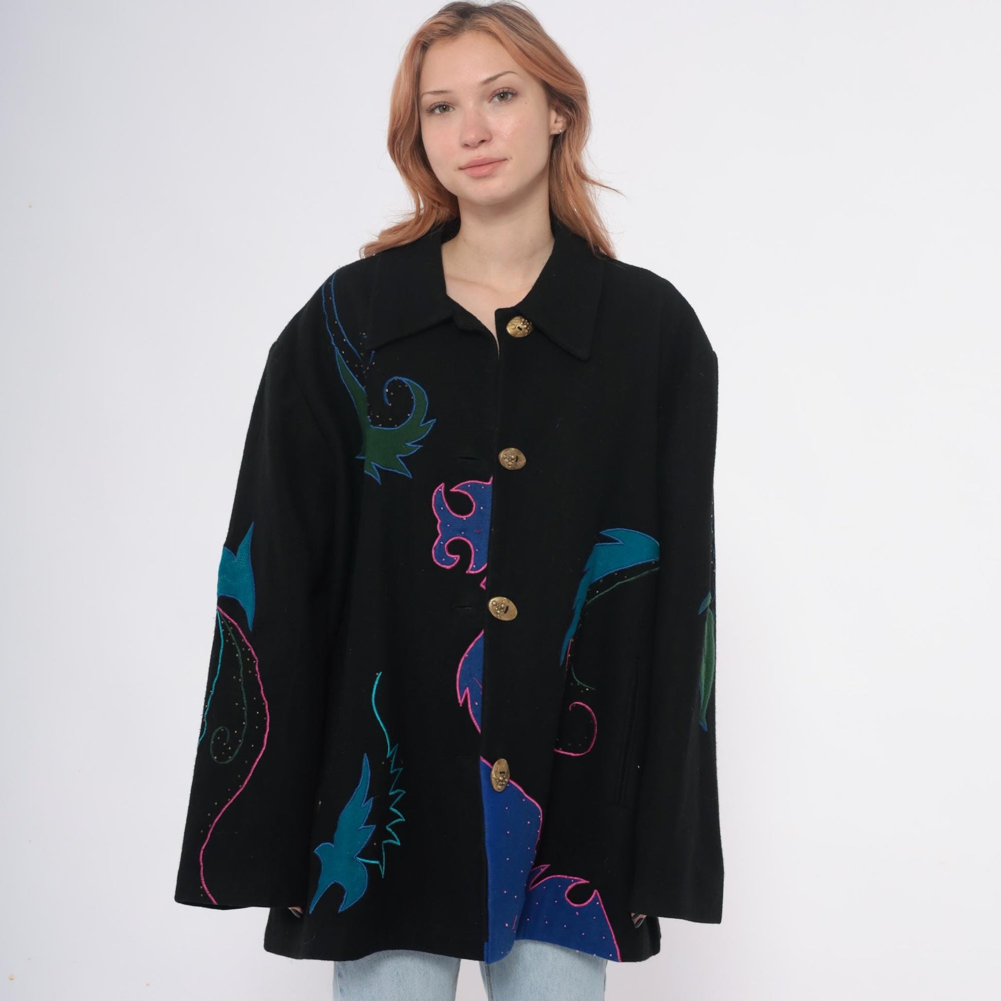 90s Black Wool Blazer Beaded Embroidered Teal Pink Gold Statement Jacket Extra Large