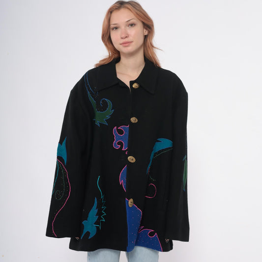 90s Black Wool Blazer Beaded Embroidered Teal Pink Gold Statement Jacket Extra Large