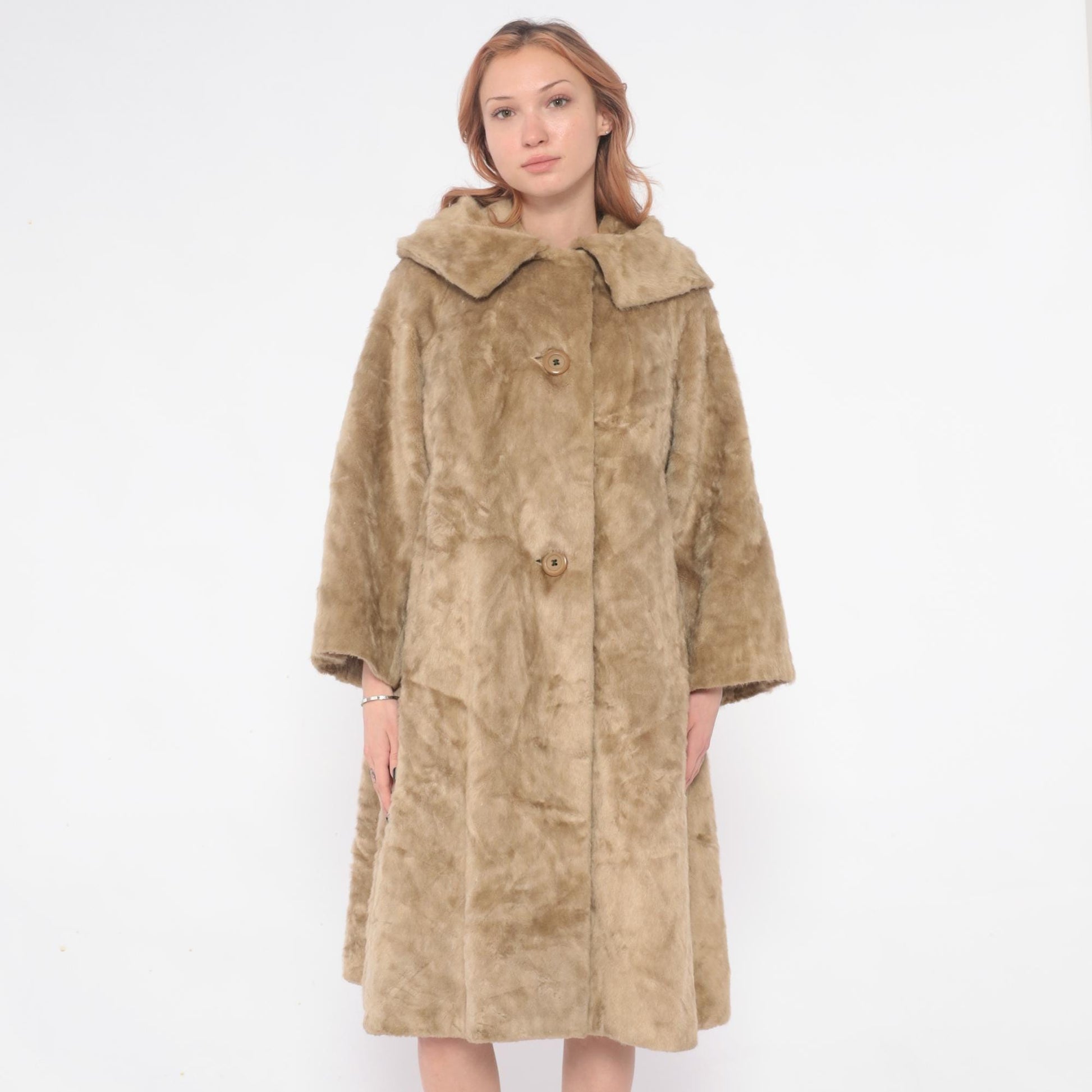 60s Sutton Place Faux Fur Coat Beige Shawl Collar A-Line Large L
