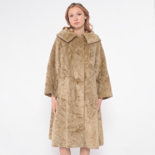 60s Sutton Place Faux Fur Coat Beige Shawl Collar A-Line Large L