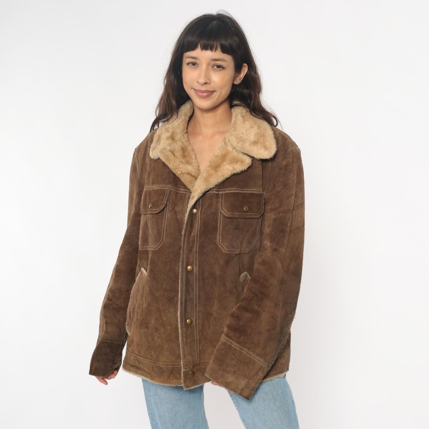 70s JC Penney Brown Suede Sherpa Jacket Western Rancher Coat Extra Large XL