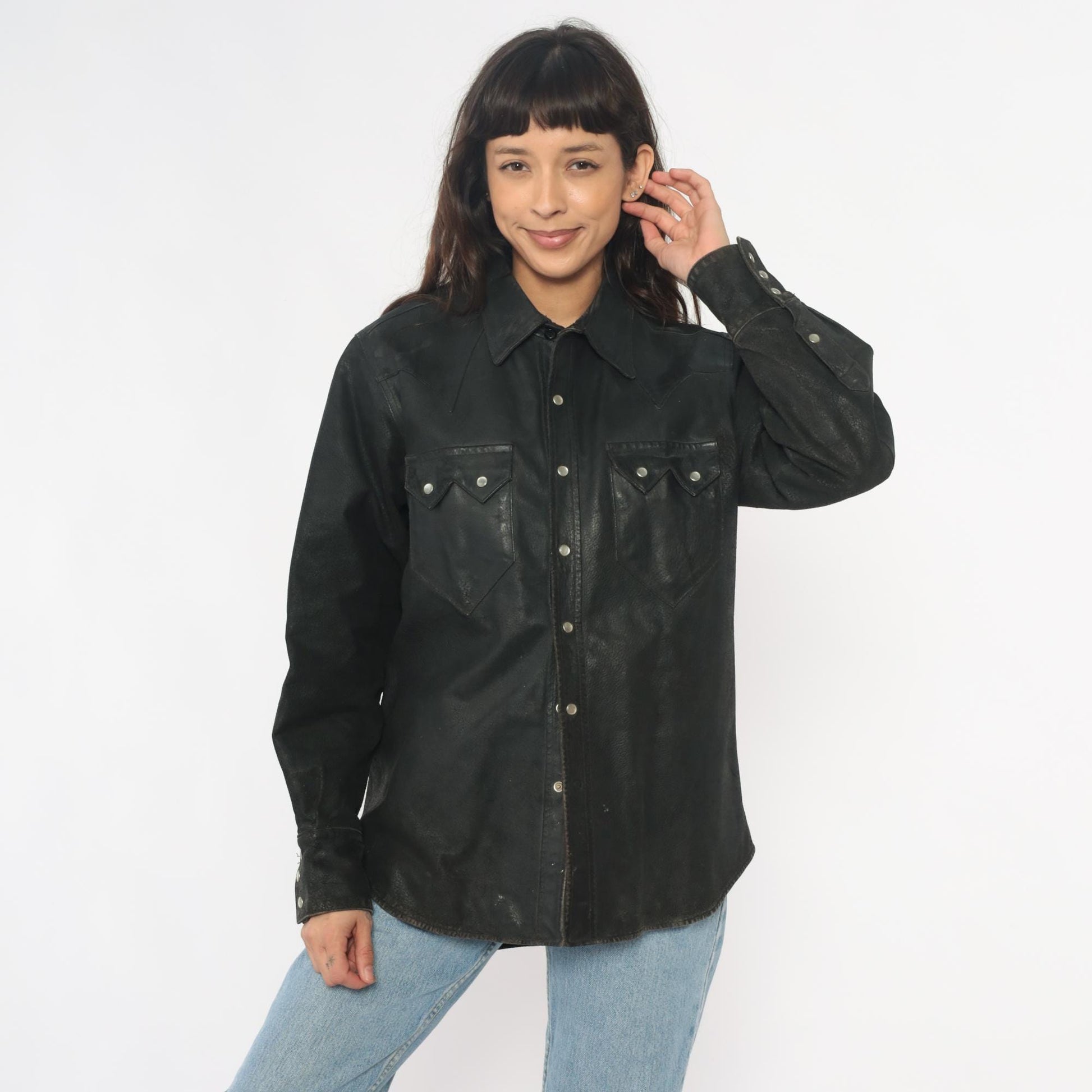 90s Neyries Black Leather Western Shirt Pearl Snap Pointed Yoke Large L