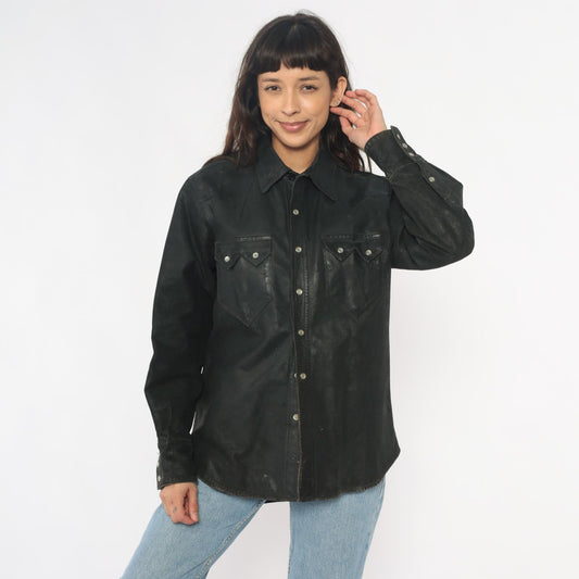 90s Neyries Black Leather Western Shirt Pearl Snap Pointed Yoke Large L