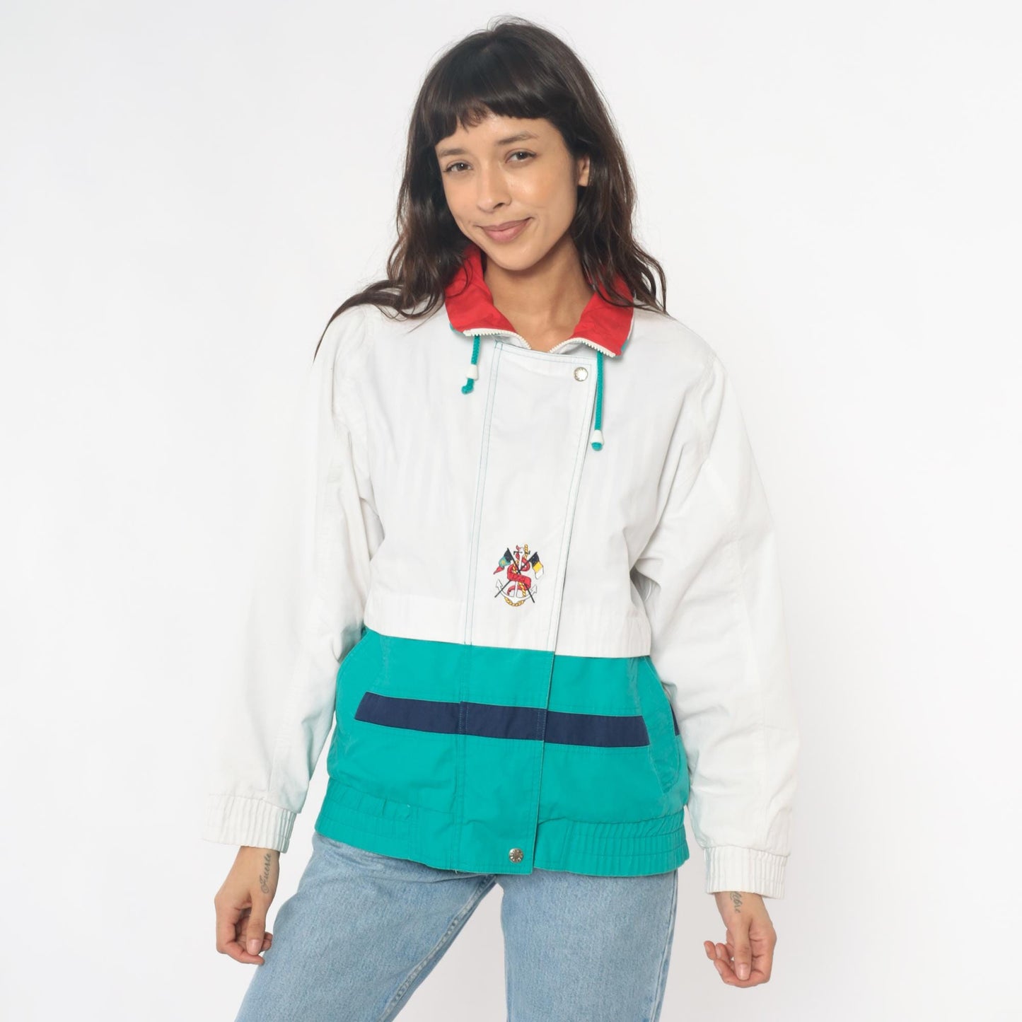 90s Izzi Spirit Colorblock Windbreaker White Teal Navy Small