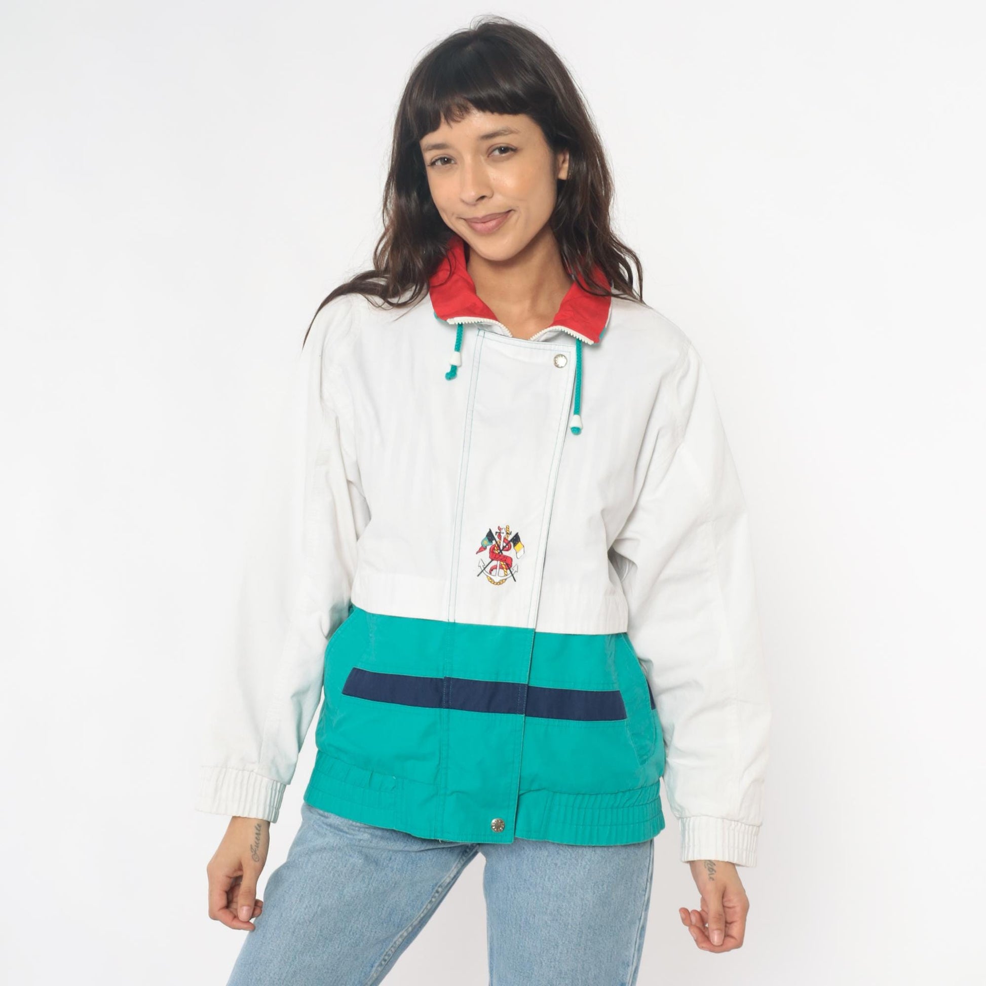 90s Izzi Spirit Colorblock Windbreaker White Teal Navy Small