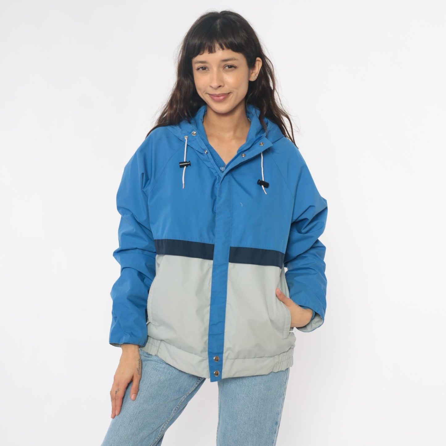 90s Nils Colorblock Hooded Windbreaker Jacket Blue Navy Cream Medium