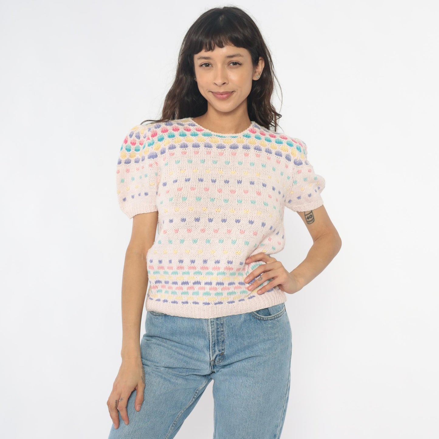 80s Deans of Scotland Puff Sleeve Knit Top Cream Polka Dot Small