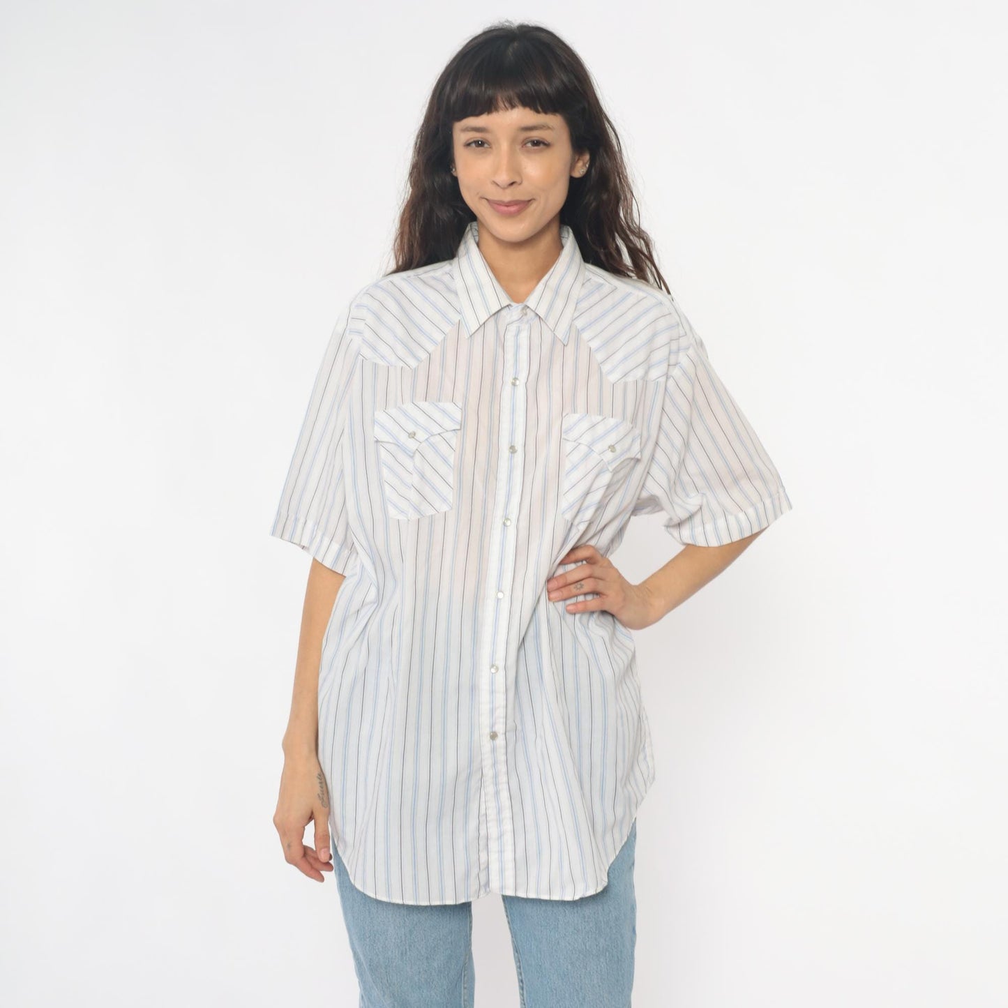90s Ely Cattleman Western Striped Snap Shirt Cream Blue Tan Extra Large XL