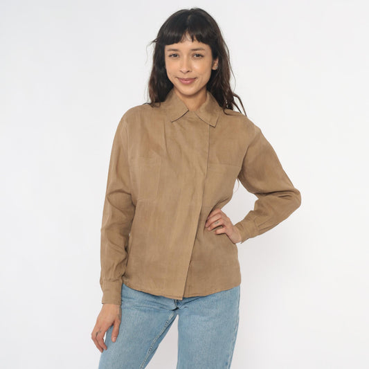Calvin Klein 80s Tan Button-Up Shirt Pointed Collar Chest Pockets Small