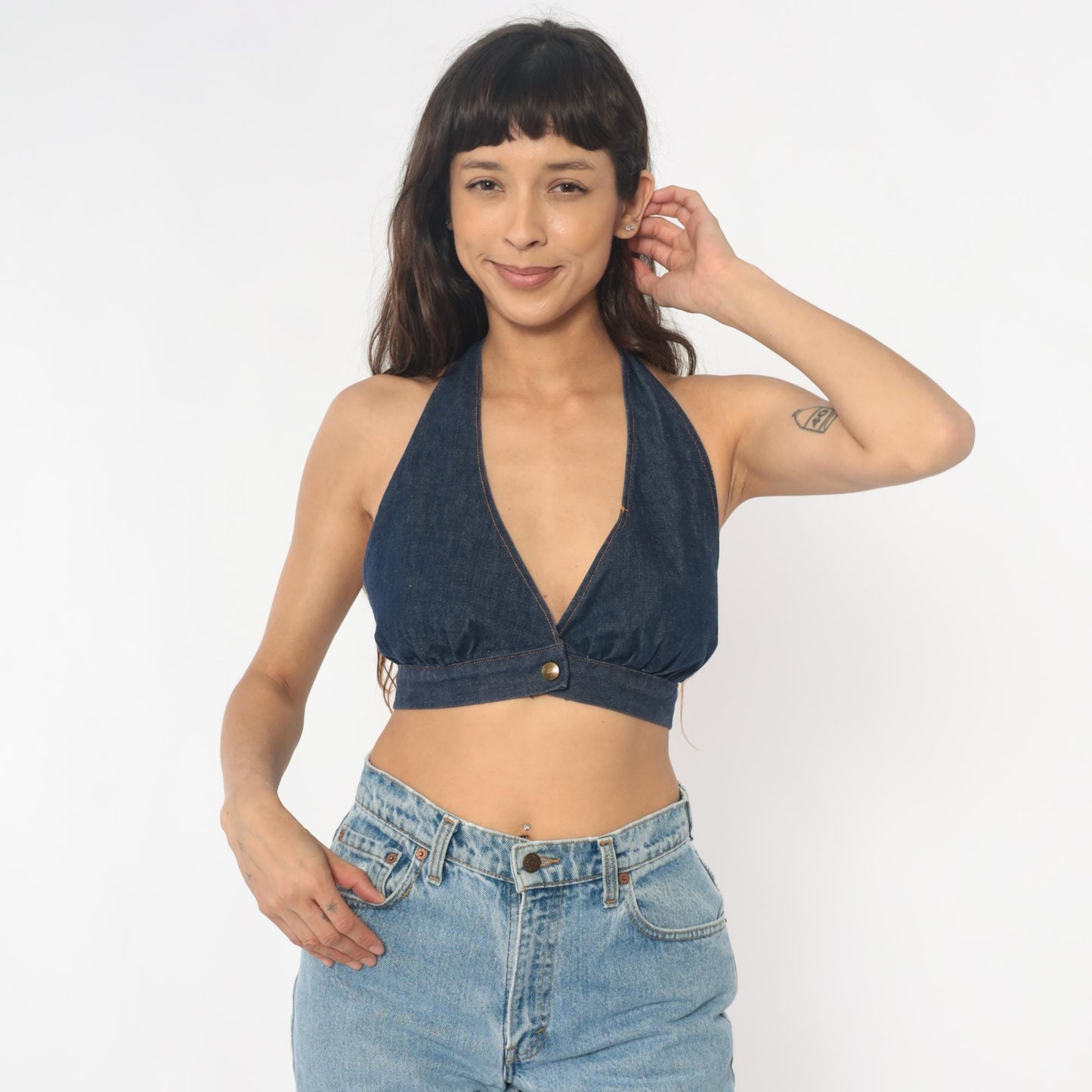90s Dark Denim Halter Crop Top Tie Neck Open Back Small Medium