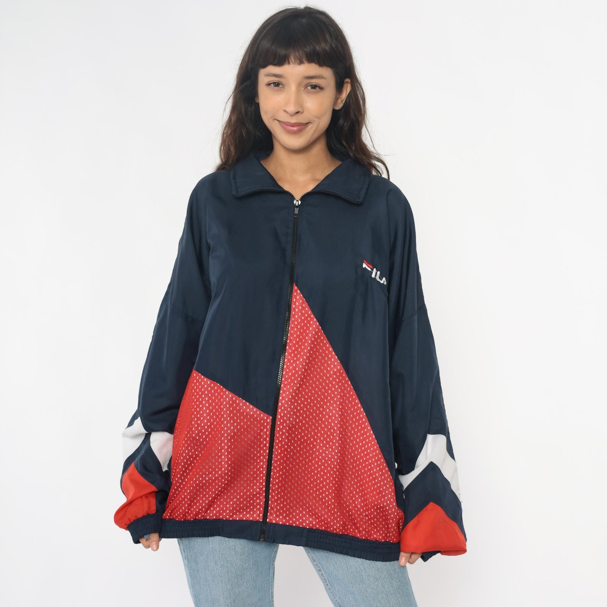 90s Fila Windbreaker Colorblock Navy Red White Full Zip Track Jacket Extra Large