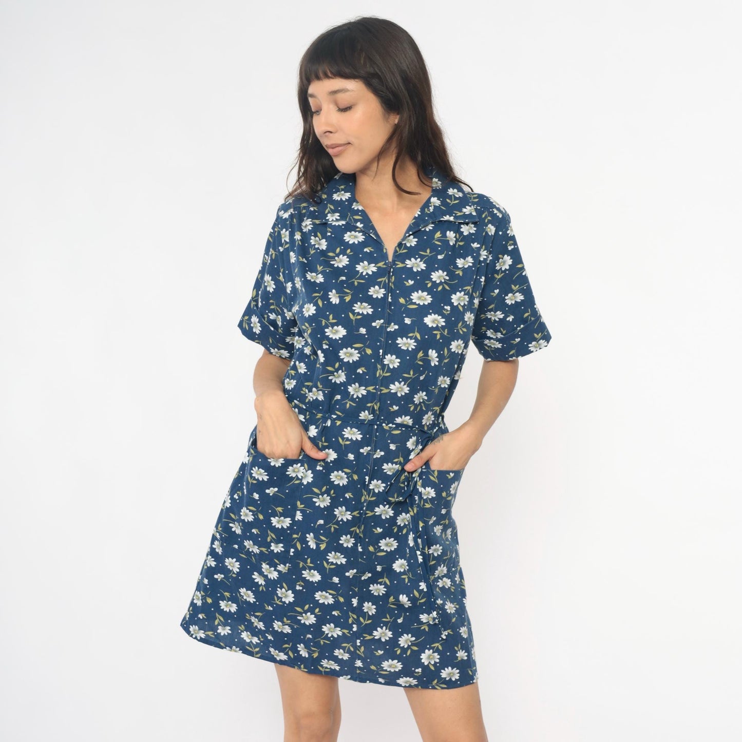 90s Carole Navy Floral Daisy Dress Collared Button Front Cotton Medium M