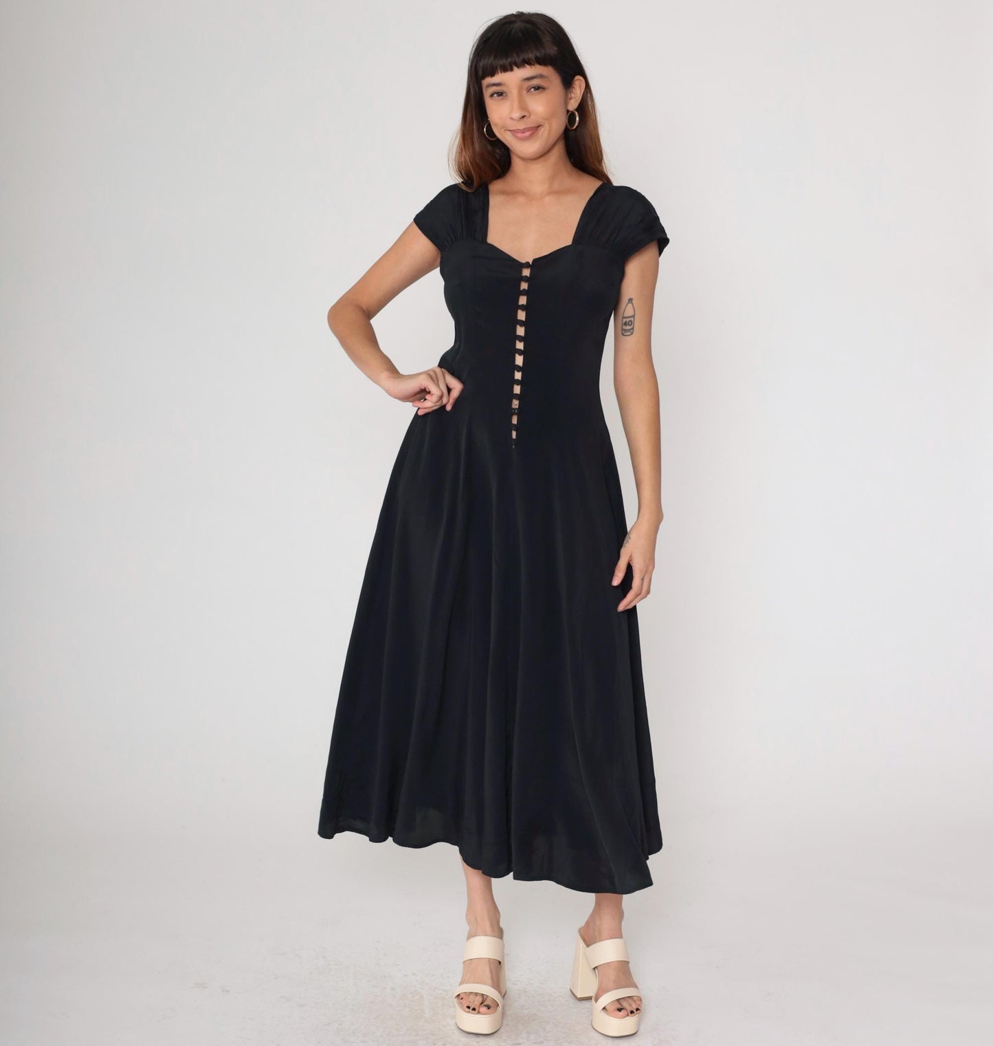 80s Black Maxi Dress Button Front Cap Sleeve Square Cutout Medium