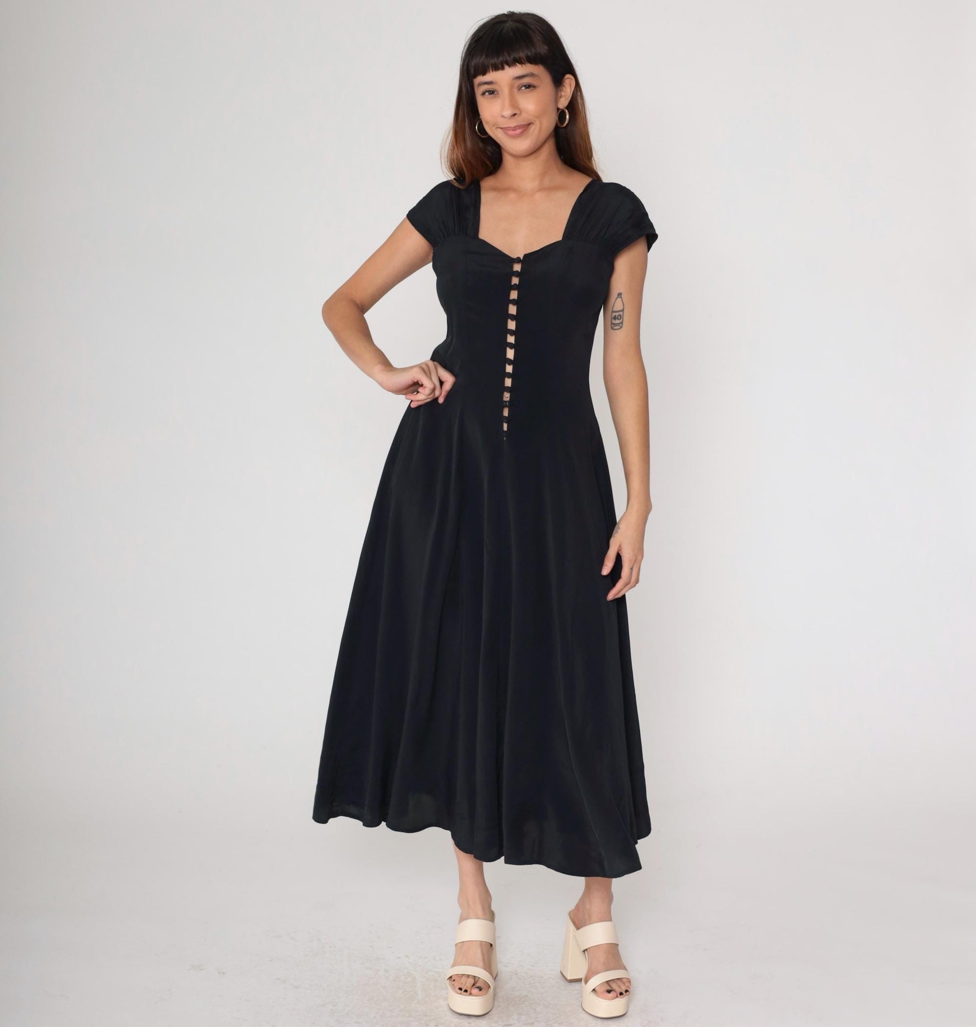 80s Black Maxi Dress Button Front Cap Sleeve Square Cutout Medium