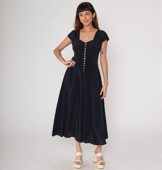 80s Black Maxi Dress Button Front Cap Sleeve Square Cutout Medium
