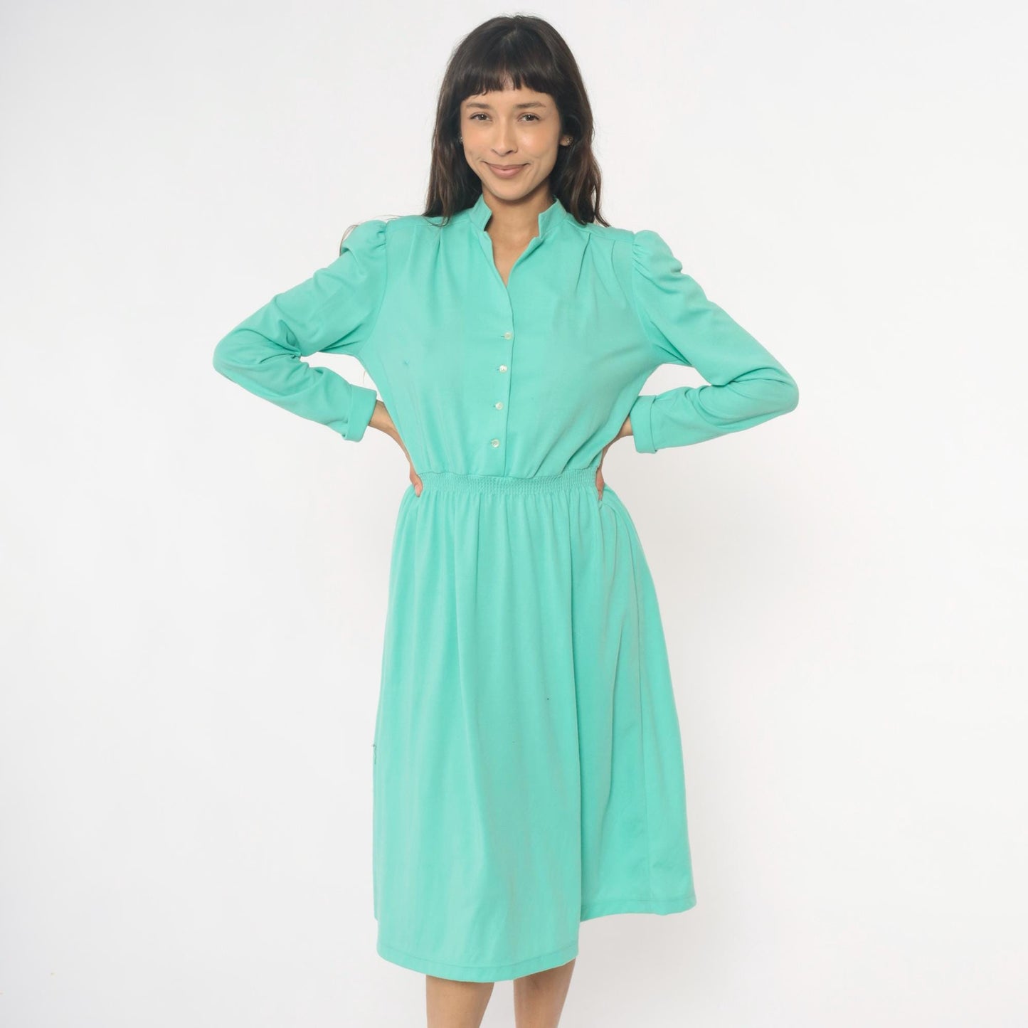 80s Lehigh Mint Green Shirtdress Puff Shoulder Knee-Length Small Medium