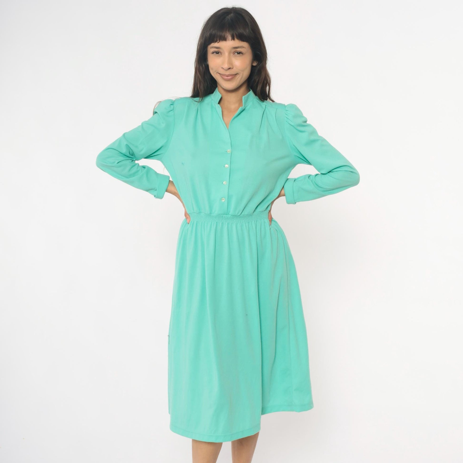 80s Lehigh Mint Green Shirtdress Puff Shoulder Knee-Length Small Medium