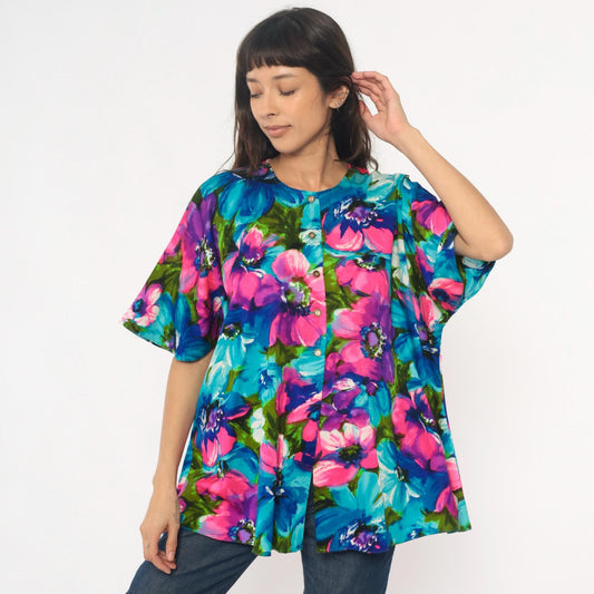 70s Haleaka Fashions Floral Button-Up Tunic Pink Purple Blue Cotton
