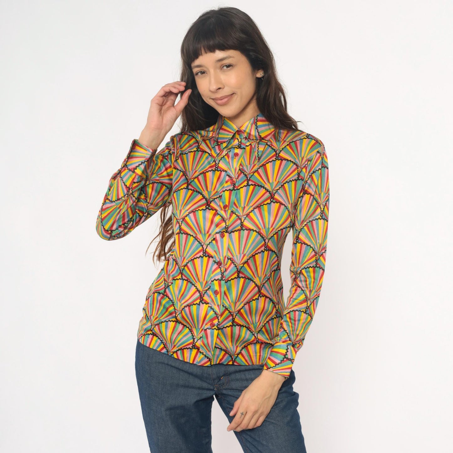 70s Helen Sue Geometric Fan Sunburst Blouse Multicolor Striped Collared Medium