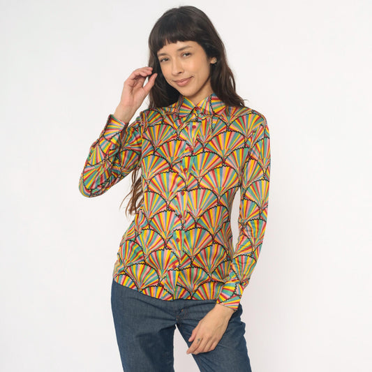 70s Helen Sue Geometric Fan Sunburst Blouse Multicolor Striped Collared Medium