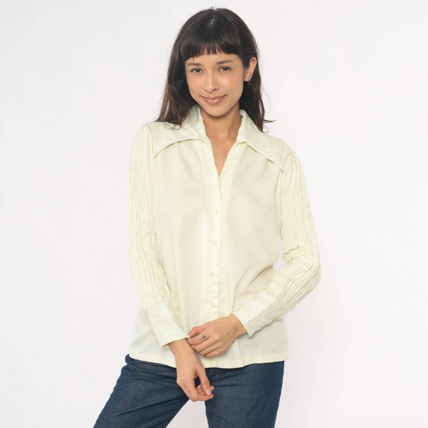 70s Ship n Shore Pale Yellow Button-Up Blouse Smocked Sleeve Collared Large