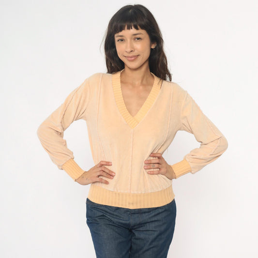80s Comosport Velour Pullover Cream V-Neck Ribbed Knit Small