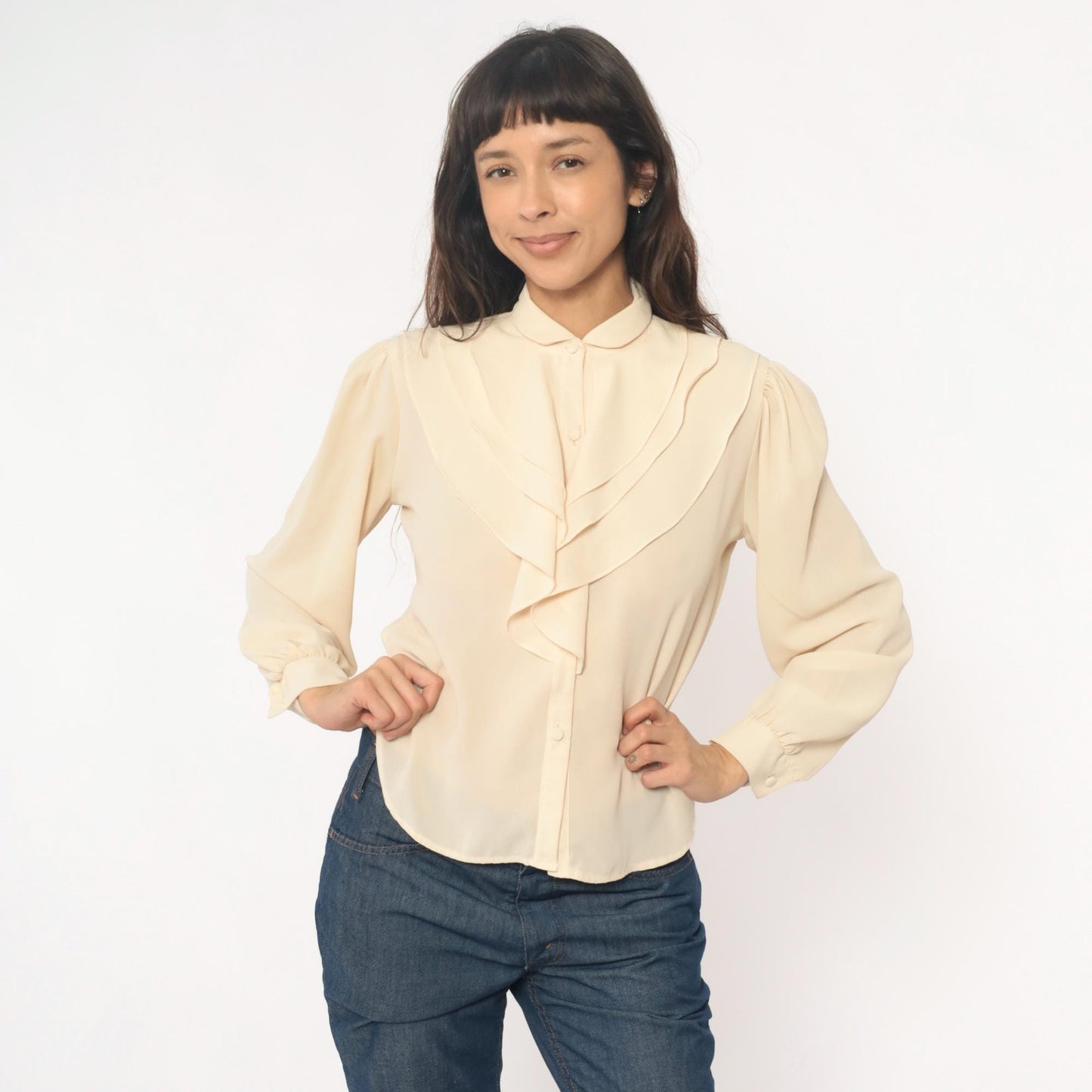 70s Cream Peter Pan Collar Blouse Puff Sleeve Button Front Ruffle Medium