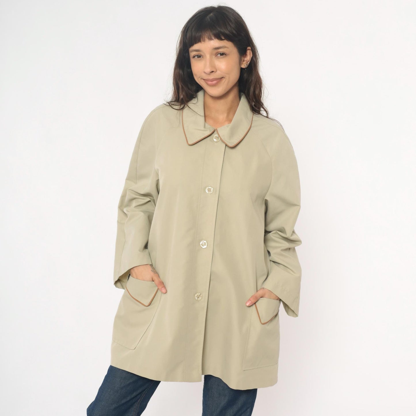 80s Beige Button Front Coat Peter Pan Collar Brown Trim Medium