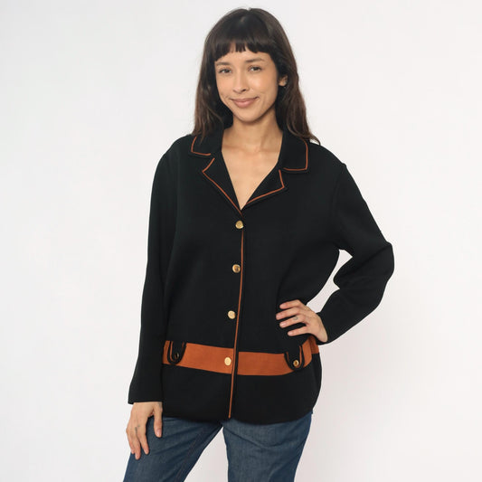 70s Black Knit Blazer Gold Buttons Rust Orange Trim Collared Jacket Large L