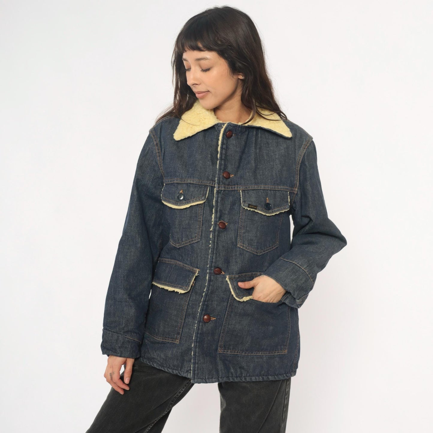 70s Roebucks Denim Jacket Sherpa Lined Dark Indigo Cream Workwear Medium Large