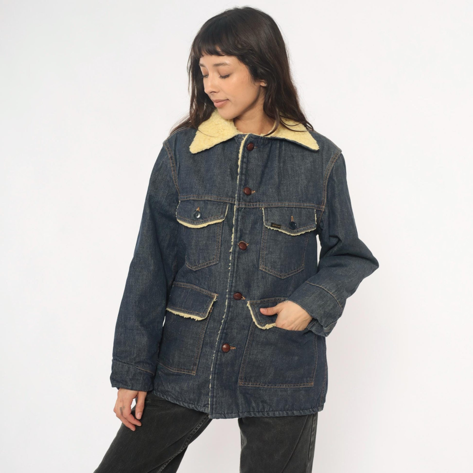 70s Roebucks Denim Jacket Sherpa Lined Dark Indigo Cream Workwear Medium Large