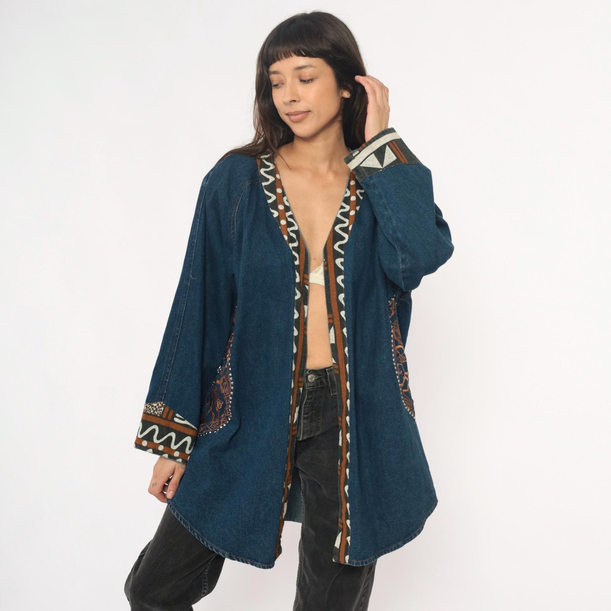 90s Southwestern Denim Jacket Tribal Embroidered Studs Blue Medium