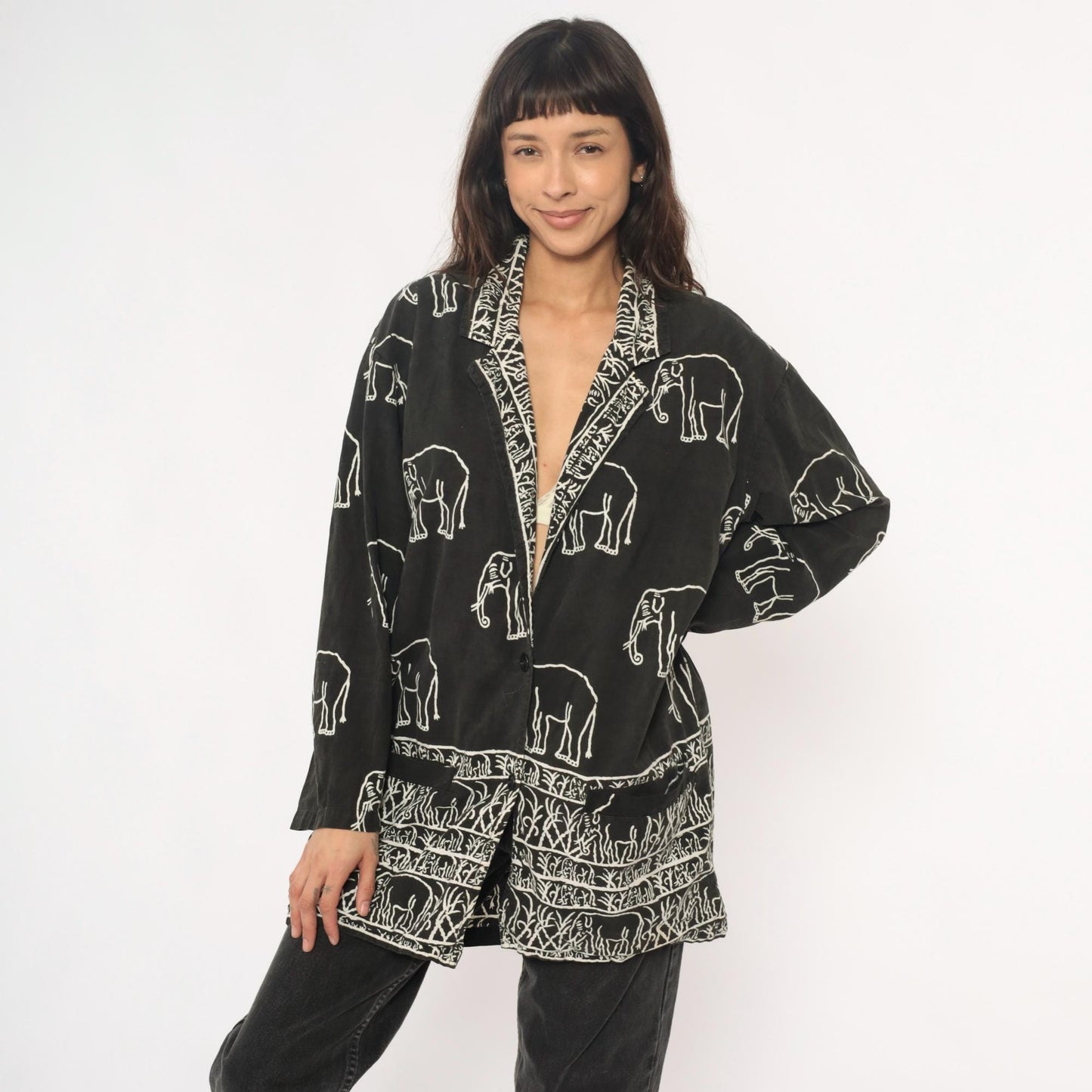 90s Black Cotton Elephant Print Tunic Jacket Collared Medium M