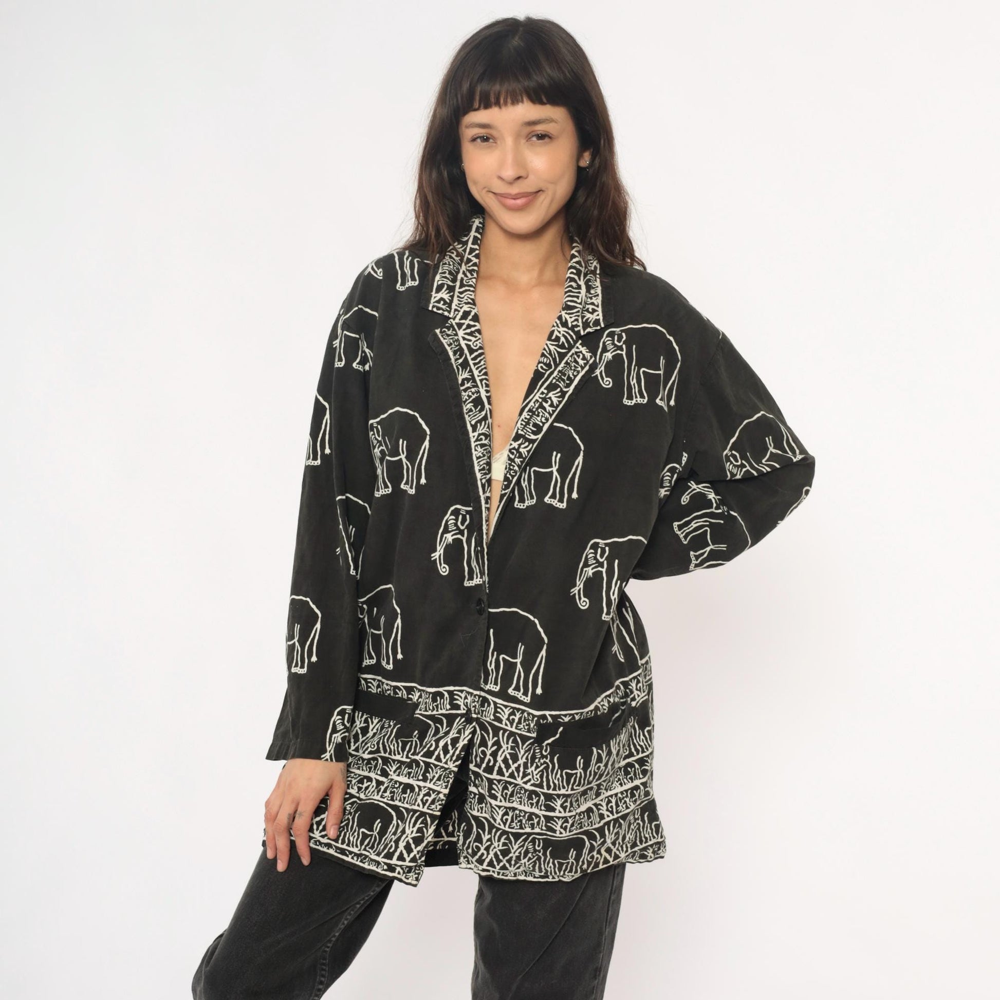 90s Black Cotton Elephant Print Tunic Jacket Collared Medium M
