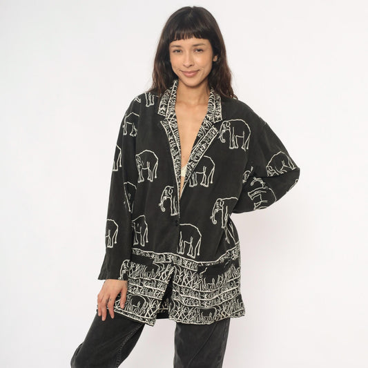 90s Black Cotton Elephant Print Tunic Jacket Collared Medium M