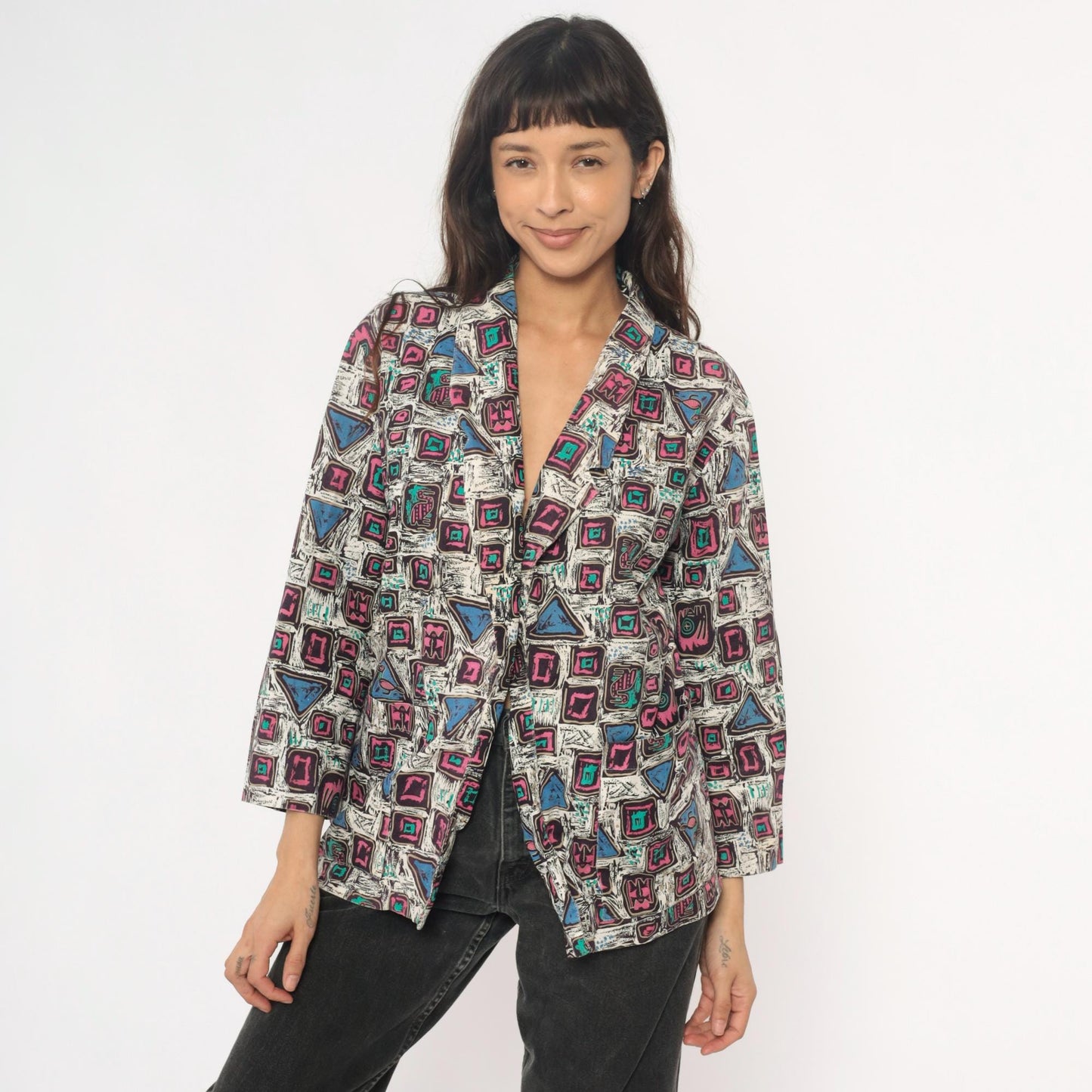 90s Mister Remo Geometric Abstract Blazer Pink Blue Cotton Small S