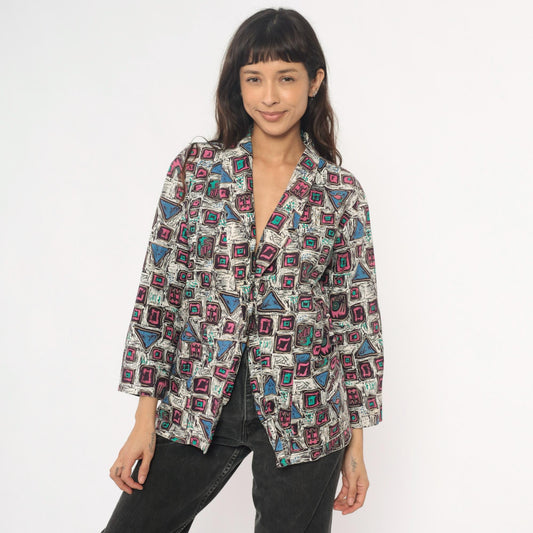 90s Mister Remo Geometric Abstract Blazer Pink Blue Cotton Small S