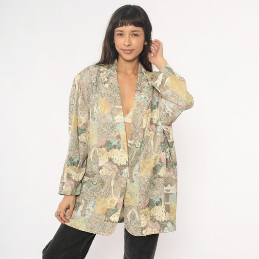 90s Melissa Robyn Floral Paisley Open Blazer Cream Multi Medium
