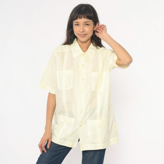 80s Pale Yellow Guayabera Shirt Pintuck Pleated Cotton Cream Collar Extra Large XL