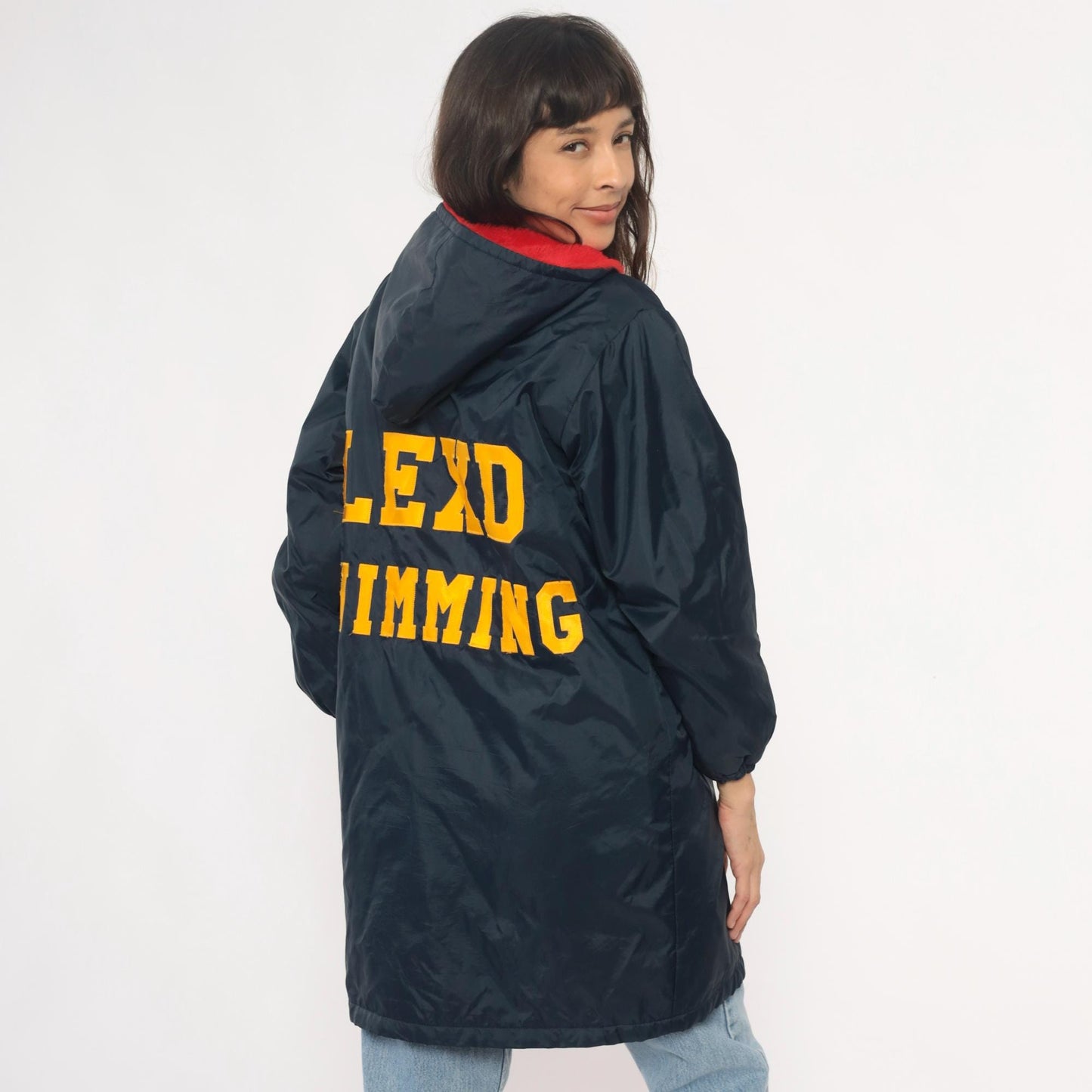 80s LEXD Swimming Team Jacket Navy Hooded Windbreaker Fur Lined Small