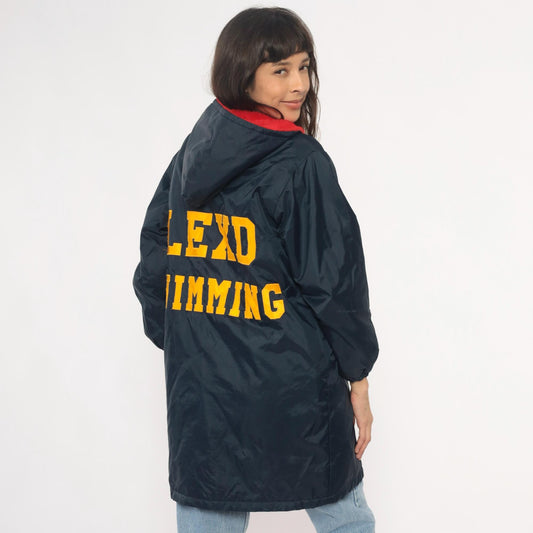 80s LEXD Swimming Team Jacket Navy Hooded Windbreaker Fur Lined Small