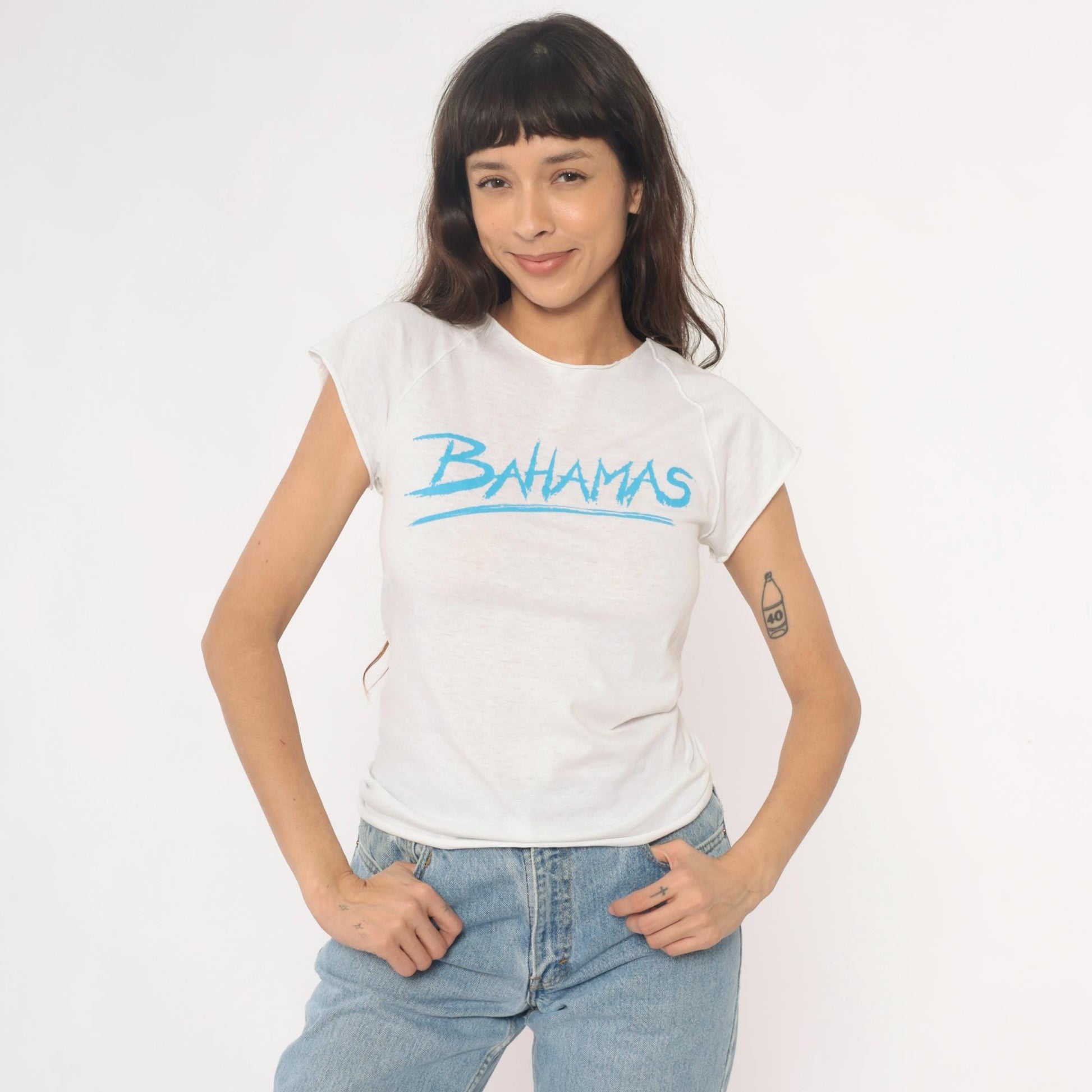 80s Bahamas White Graphic T-Shirt Cotton Crew Neck Cap Sleeve Extra Small XS