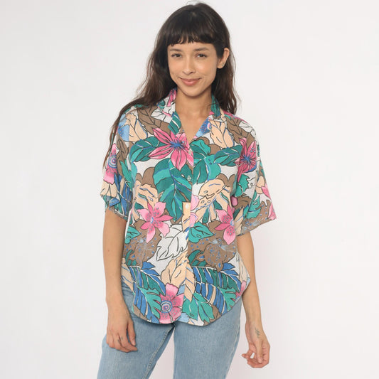 90s Caribou Tropical Floral Hawaiian Shirt Pink Blue Monstera Medium