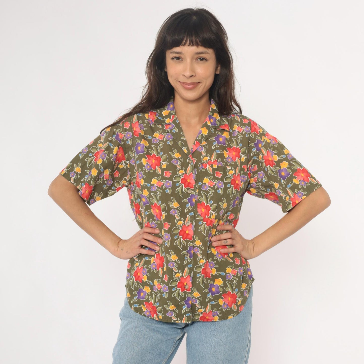 90s Liz Sport Floral Camp Collar Shirt Olive Green Cotton Small S