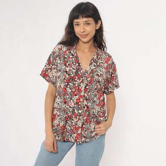90s Zenobia Floral Button-Up Blouse Short Sleeve Black Cream Plus Size XXL