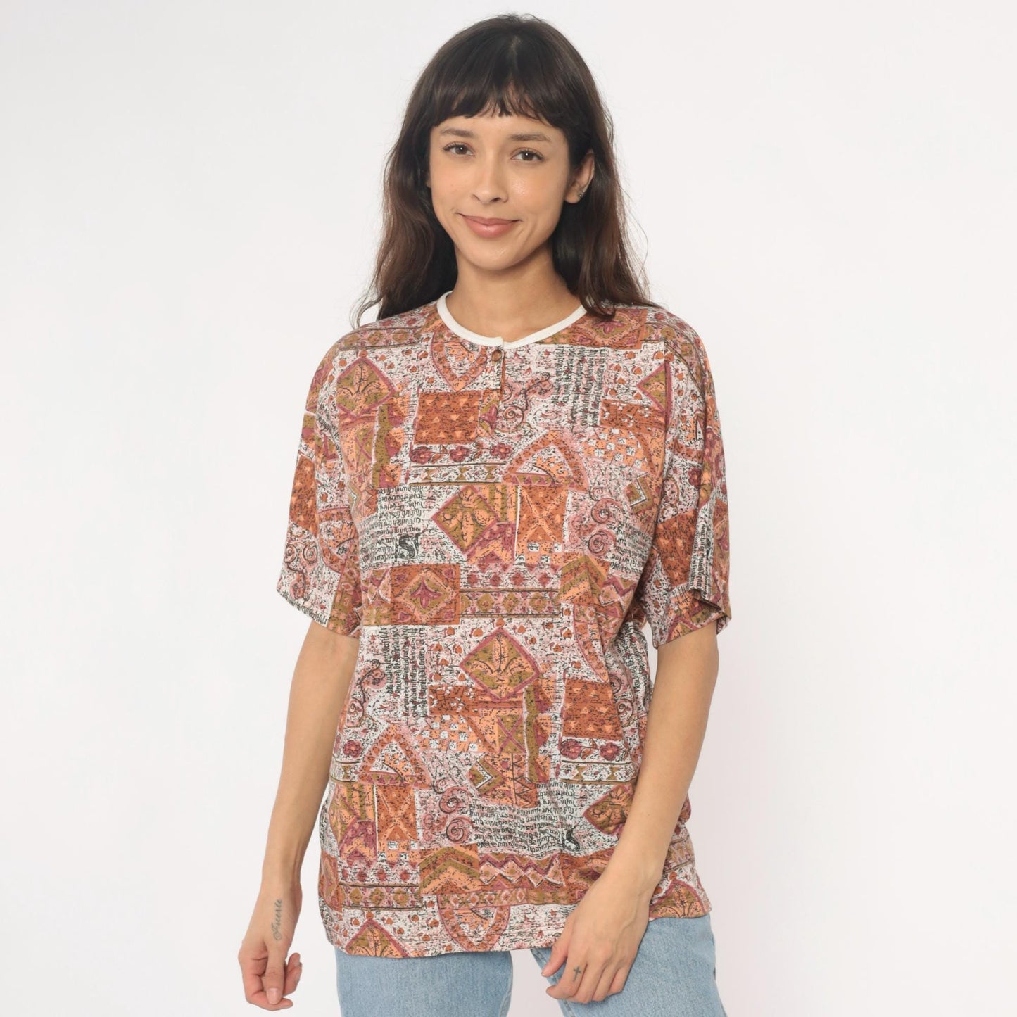Y2K Patchwork Print Tee Rust Orange Cream Geometric Paisley Unisex Large L