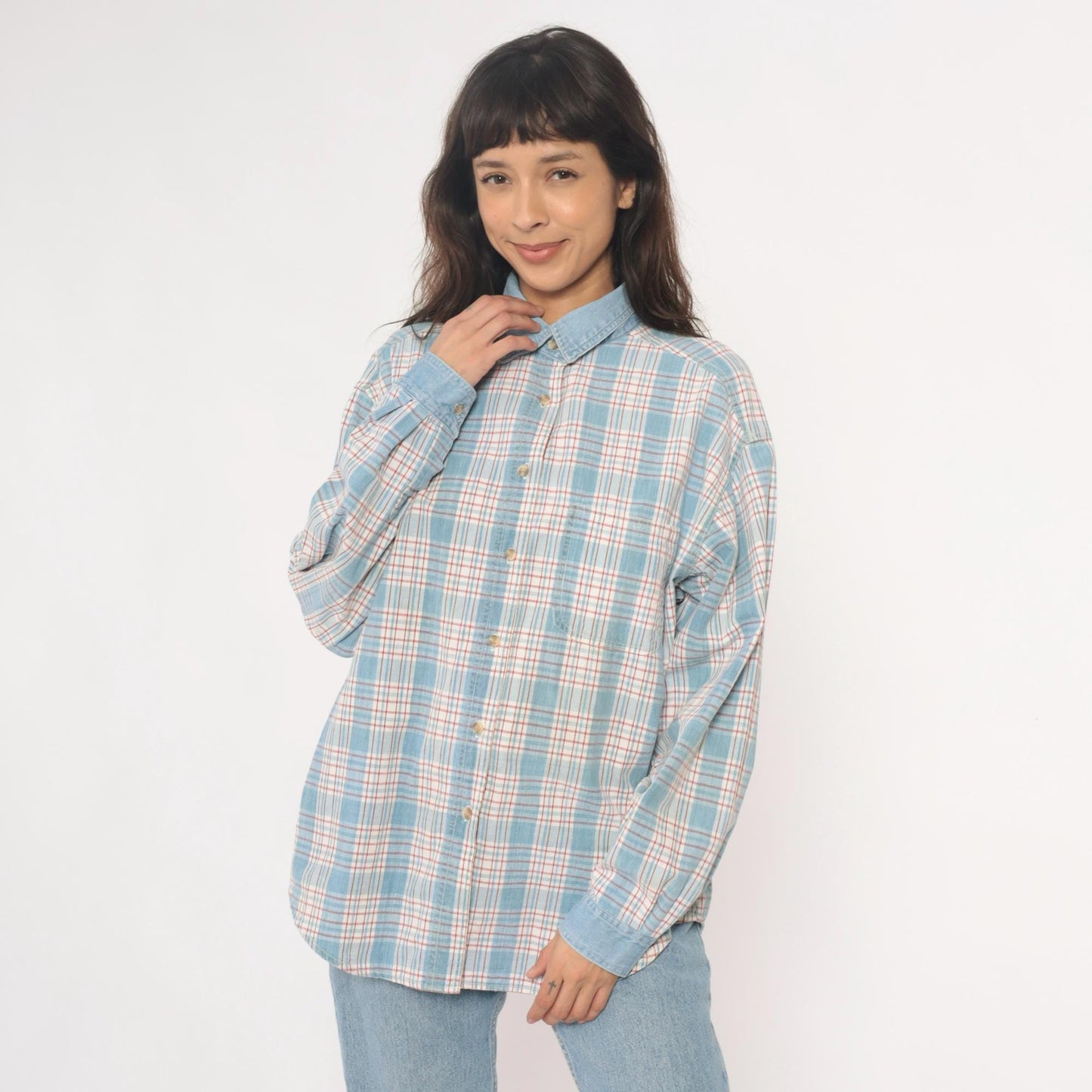 90s Paris Sport Club Plaid Button Down Shirt Denim Collar Cotton Large L